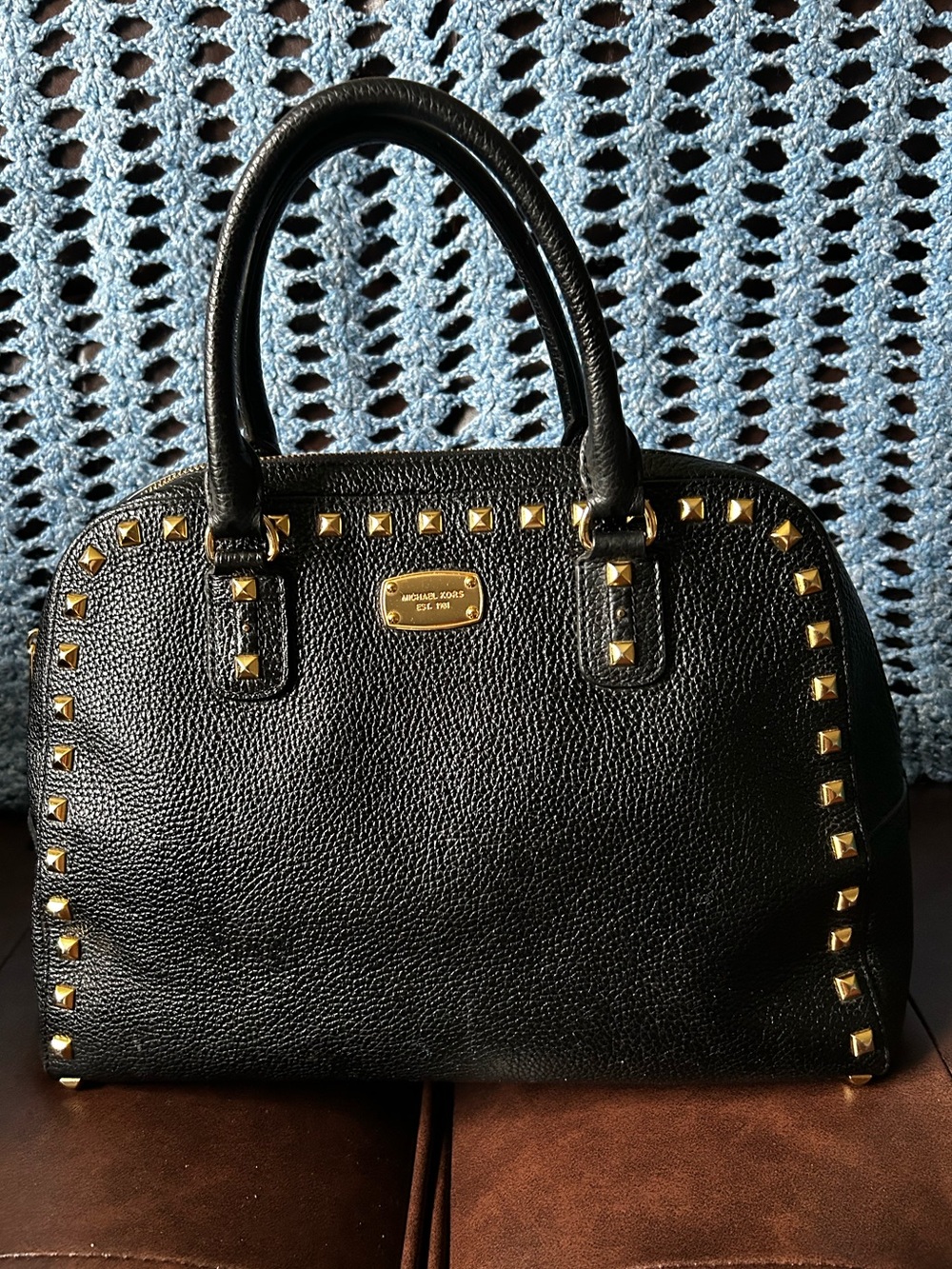 Michael Kors Sandrine Studded Leather Large Satchel Bag Black and Gold A - Picture 3 of 17